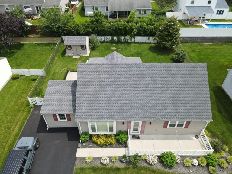 Aerial view of a finished roof replacement